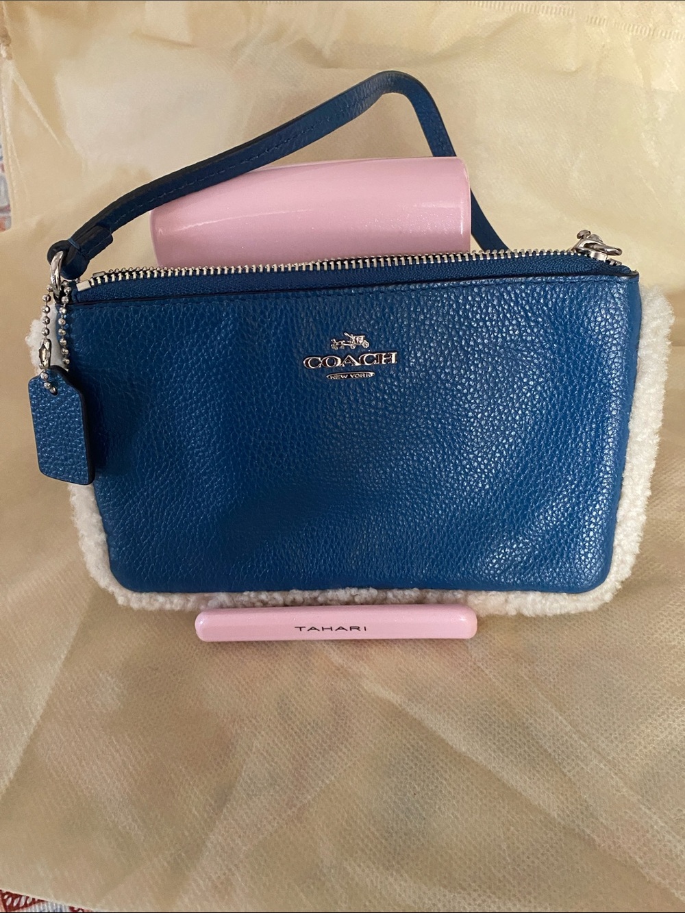 Coach Blue Leather Wristlet with Shearling Trim and Silver Logo